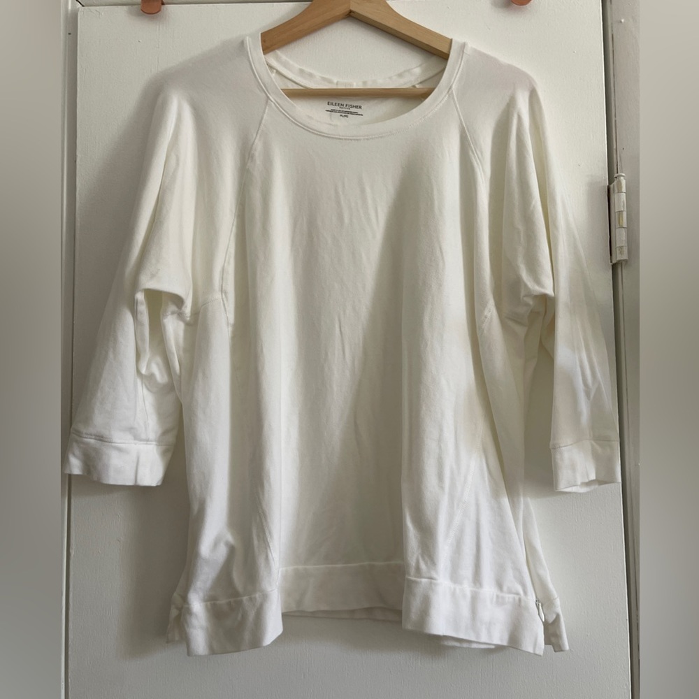 Eileen Fisher Petite Large White Three Quarter Shirt with Zip Sides